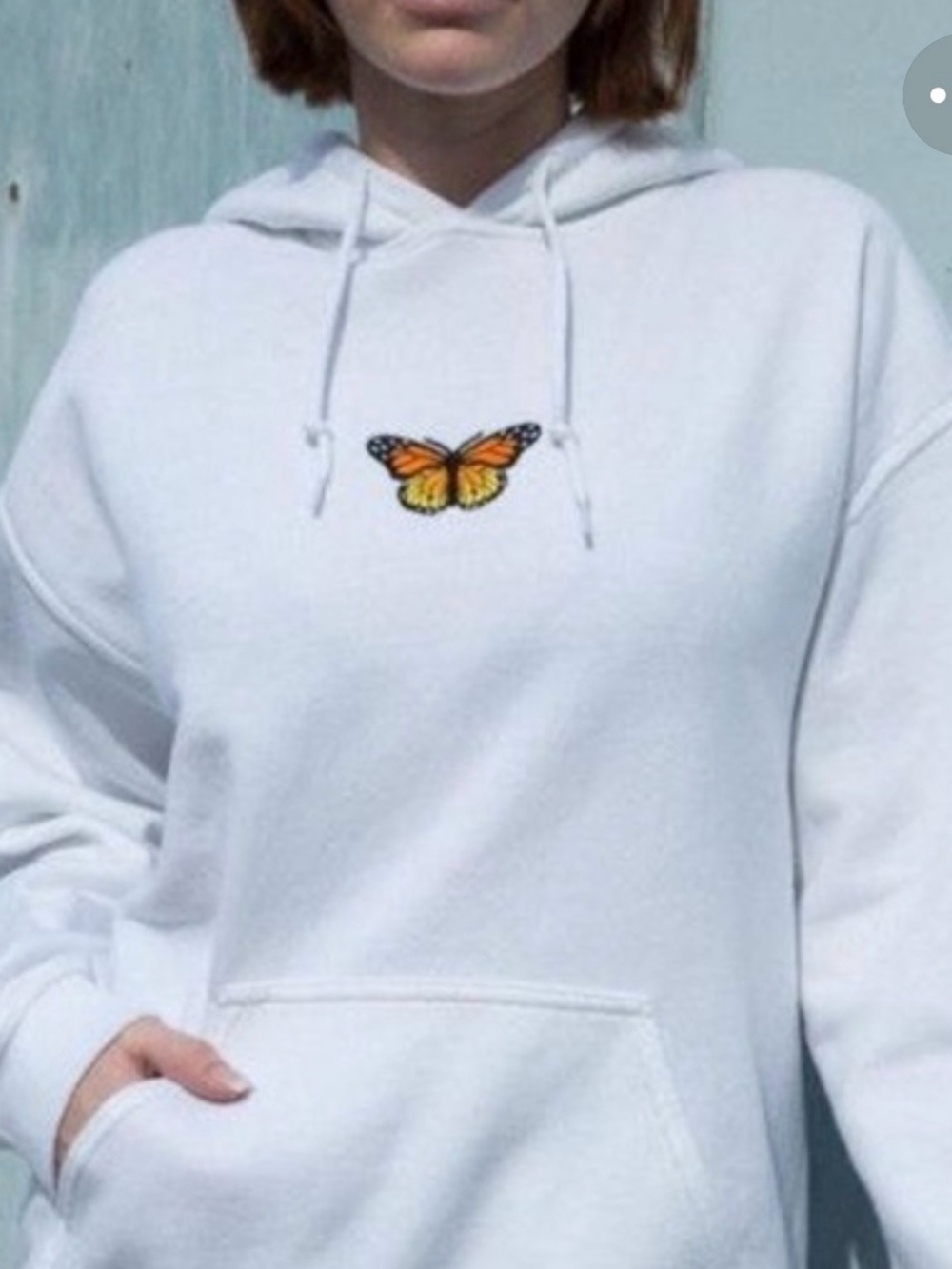 Brandy Melville White Crewneck Hoodie with Orange Butterfly Patch
